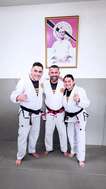 Professor Manny Galvan and Professor Martha Galvan at Master Paulo Brandao's coral belt ceremony at Gracie Humaita headquarters in Rio de Janeiro